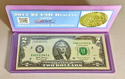 2017 $2 DOLLAR BILL Reserve Note Uncirculated OTC Gold Seal - Great Gifts Money • $22.50