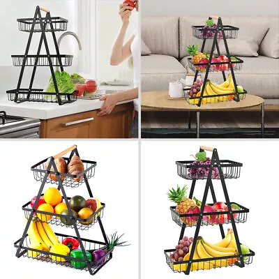 2/3 Tier Fruit Basket Handle Holder Rack Vegetable Bowl Storage Stand Dining • £15.69