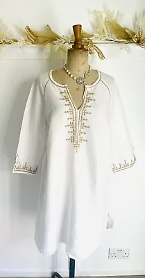 £49.99 • Buy Linen Blend Kaftan Style Dress By Monsoon Sz 14 Embroidered White Beige Boho