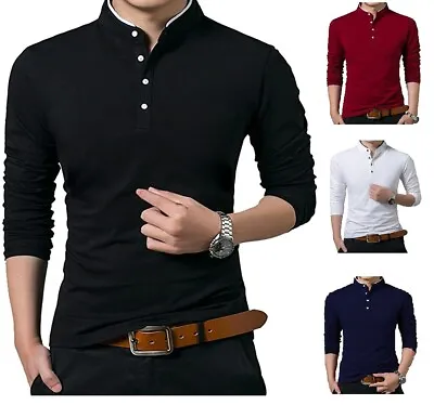 Men's Grandad Shirts Polo Shirt Long Sleeve Mandarin Collar Slim Fit Pique PL14 • £13.85