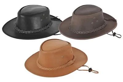 Australian Western Style Cowboy Hat Outback Real Leather With Chin Strap Hat • £15.99