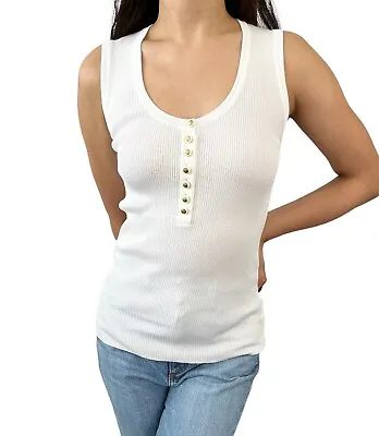 CHANEL Vintage CC Mark Button Rib Tank Top #36 White Gold Cotton Rank AB+ • $531