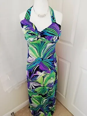 Dress Bodycon Maxi Halter Neck Green/Purple/Blue Sequins Size UK 8 VGC Summer • £6.99