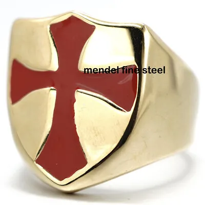 MENDEL Mens Gold Plated Christian Knights Templar Cross Shield Ring Size 7-15 • $13.99