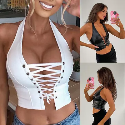 Women's Sexy Lace-up Cami Bustier Faux Leather Shirts Crop Tops Halter Neck Vest • £9.71
