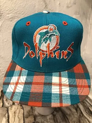 Vintage 1990s ANNCO NFL MIAMI DOLPHINS Snapback Adjustable Plaid Checker Cap Hat • $34.95