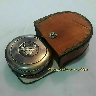 Vintage Nautical Brass Stanley London 1885 Compass With Leather Box Gift Item • $26.70