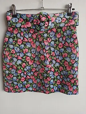 £9 • Buy Zara Pink Blue Floral Short Mini Skirt Round Buckle Belt XS BNWT