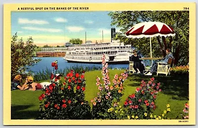 Linen Postcard A Restful Spot On The Banks River Sacramento CA Picnic Steamboat • $4.49