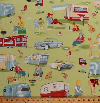 Camping Retro Campers Trailers Cars Green Cotton Fabric Print By Yard D375.25 • $11.95