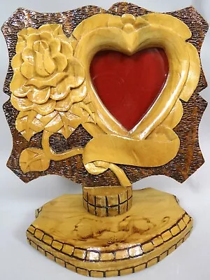 Vtg Tramp Folk Art Picture Photo Frame Pedestal Handmade Hand Carved Wood Heart • $49.99