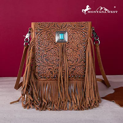 Montana West Genuine Leather Tooled Silver Turquoise Concho Fringe Crossbody BR • $81.99