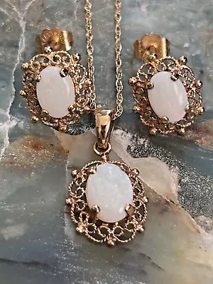 10k Yellow Gold Opal Necklace Earrings Set Filigree Rope Border Dice Mexico • $149.99