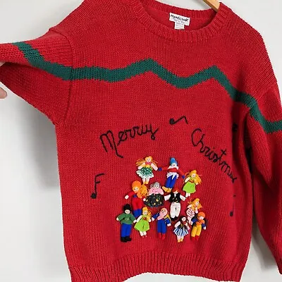 Vintage Christmas Sweater Peruvian Folk Art Dolls 3D Holiday Red Music Choir • $128