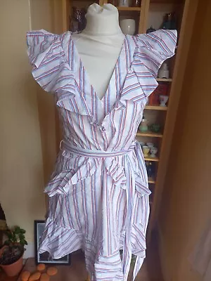 Stripy Nautical Ruffled Cotton Summer Dress M • £3.50