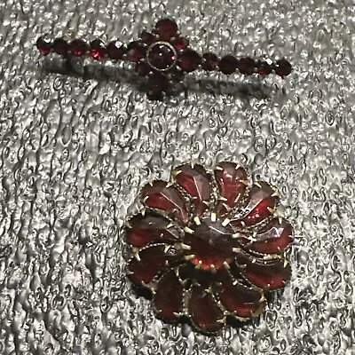 Antique Pin Natural Czech Garnet Gilt Brass Vintage Women's Jewelry Flower • $129