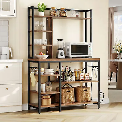 Kitchen Bakers Rack With Power Outlets Microwave Oven Stand Storage Shelf Hooks • $103.99