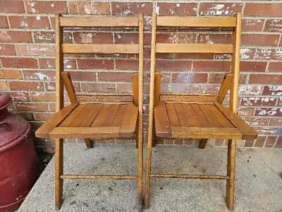 Vintage Wooden Slat Seat Folding Chairs Solid Oak Set Of 2  #10 THE STANDARD MFG • $73.49