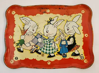 Vintage Ohio Art Fern Bisel Peat Tin Tray Toy Bunny Rabbit Floral Carrot • $9.75