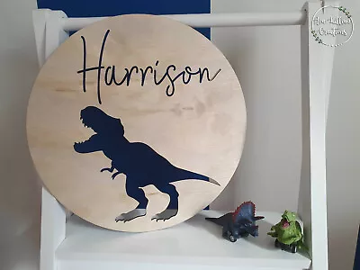 Personalised Wooden Name Wall Door Plaque Round Sign Nursery Baby Kids Dinosaur • $25