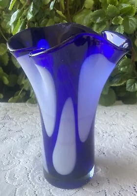 VTG Art Glass Cobalt Blue Handkerchief Elongated  White Spots Vase @21cm • $35