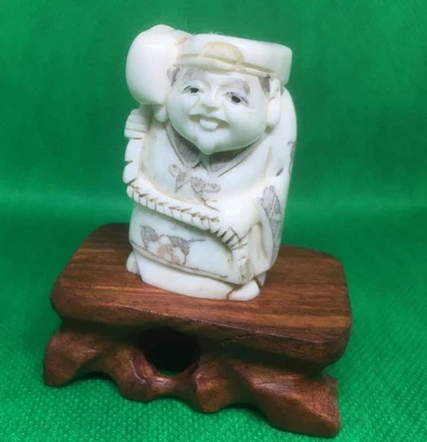 £45 • Buy Netsuke Bovine Bone Hand Carved Sage With A Large Hammer On Stand Well Decorated