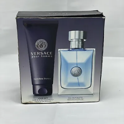 VERSACE POUR HOMME MEN COLOGNE 2 PC SET 3.4 Oz + H/B SHAMPOO NEW IN SEALED BOX • $65