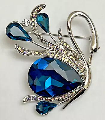 Aqua Blue Swan Goose Bird Crystal Clear Glass Rhinestone Brooch Pin Vintage AB • $11.99