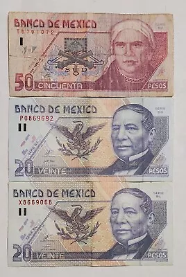 Banco De Mexico 20 Pesos Serie Bgbl And 50 Pesos Serie Bj Lot Of 3 Circulated  • $14.99