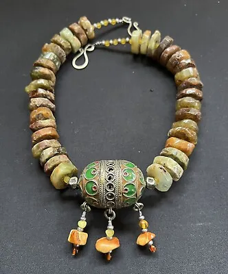 Tagmout Berber Tribal Morrocan Enameled Egg W/Green Garnet Rondelle Gem Necklace • $203.15