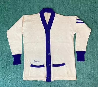 Vintage 50-60s Wool Varsity Cardigan Sweater White Blue Stripe Womens Size XL • $29