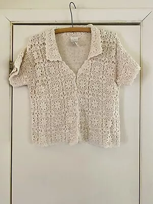 Vintage 90s Moda International Y2K Crop Crochet Button Short Sleeve Sweater M • $23.50