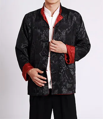 Double Sided Chinese Oriental Mens Kung Fu Satin Dragon Top Long Shirt • £21.99