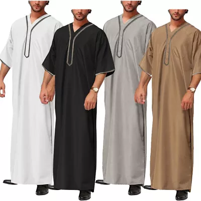 Men's Robe Muslim Clothing Saudi Arab Jubba Kaftan Dishdash Thobe Long Sleeve UK • £15.55