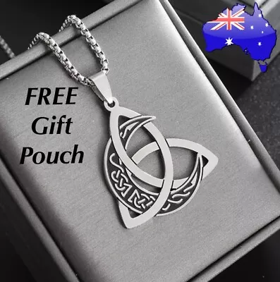 Crescent Moon Triquetra Celtic Knot Stainless Steel Witch Pendant Necklace Gift • $13.50