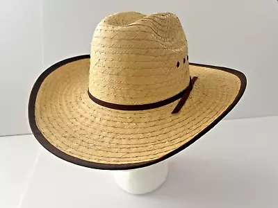 Kids 4  Brim Ivory With Brown Trim Palm Leaf Cowboy Hat Elastic Fit X/S • $22.99