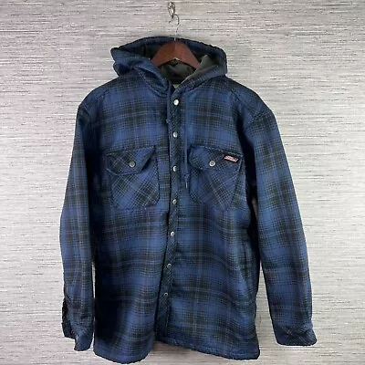 Dickies Jacket Mens Medium Blue Plaid Hoodie Fleece Lined Workwear Outdoors Logo • $18.88