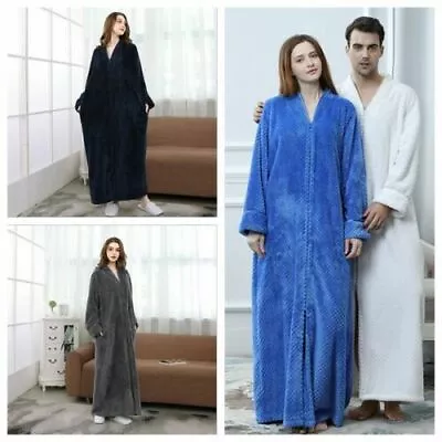 Womens Men's Dressing Gown Soft Long Fleece Bath Robe Fleece Zip Robe House Coat • £31.56