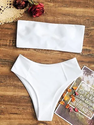$15.99 • Buy ZAFUL Bandeau Collar High Cut Bikini Set White SZ 4 NWT