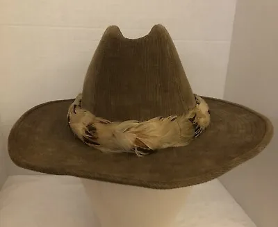 Longhorn Stetson Western Brown Corduroy Feather Trim Hat - Large 7 1/4 - 7 3/8 • $19.95