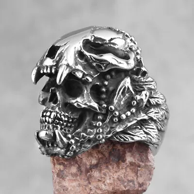 Vintage Gothic Skeleton Warrior Skull Stainless Steel Mens Punk Viking Ring  • $12.99