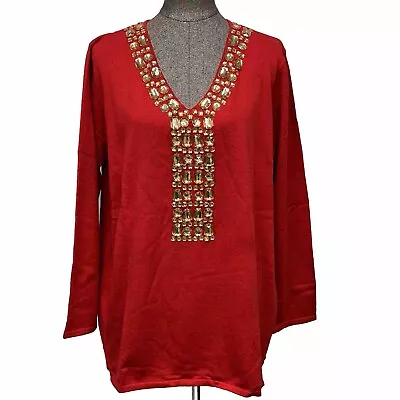 Quacker Factory Embellished Knit Top Red Size 1X Topaz Gold Gemstones 3/4 Sleeve • $19.99