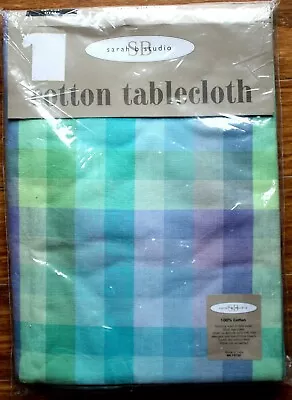 NWT SARAH B STUDIO Oval Tablecloth MAUI Blue CHECK Pattern Cotton 60  X 84  #05 • $22.50