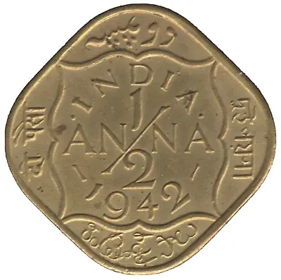 1942 C British India GVI 'Dots Before & After India' 1/2 Anna Coin • $30.80