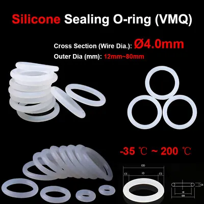 Wire Dia=4.0mm O-Ring White Food Grade Silicone Sealing GasketO.D=12mm~80mm VMQ • £1.55