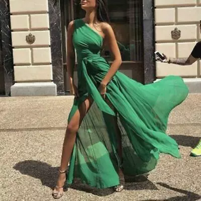 Stylish Womens One Shoulder High Slit Chiffon Party Ball Gowns Dress Maxi Solid • $28.74