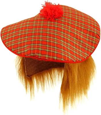 SCOTTISH TARTAN HAT WITH GINGER HAIR Stag Night Adult Mens Fancy Dress Wig UK • £5.64