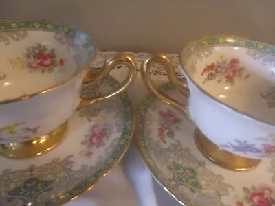 Lot Of 2vintage Fine Bone China Shelley Teacups Green Georgian Pattern Gold Trim • $34