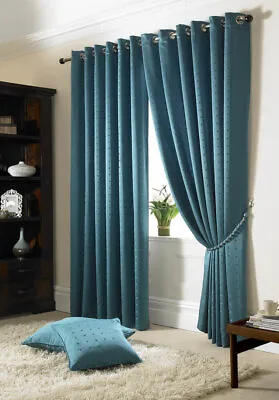Teal Madison Dobby Fabric Squares Lined Eyelet Ring Top Curtains Pair • £47.99