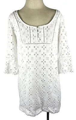 Vintage White Floral Eyelet Short Mini Dress Y2K Size 12 Boho Summer Hippie • £14.46